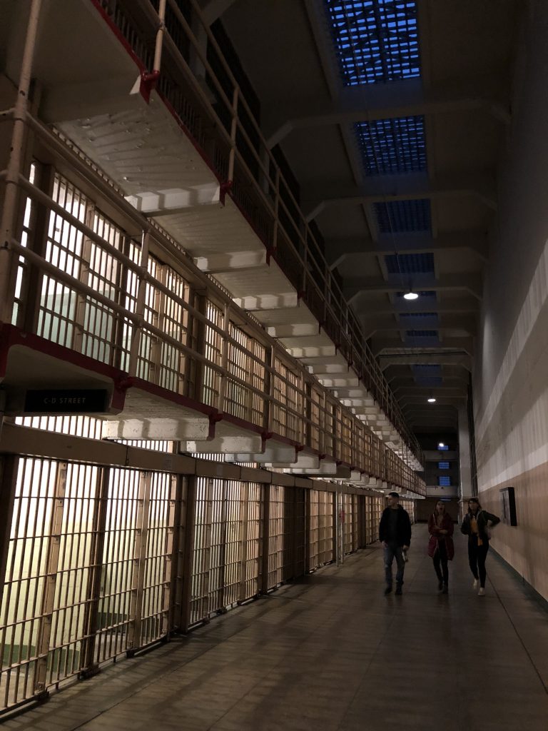 Walking through a cell block at Alcatraz